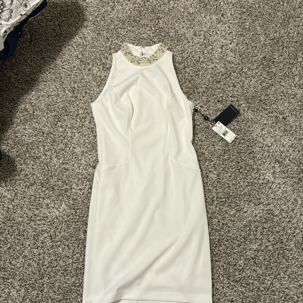 NWT Adrianna Papell White Beaded Neck Mini Dress – New with Tags Sz 2